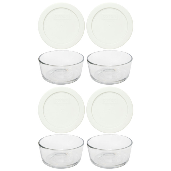 Pyrex Simply Store 7200 2-Cup Glass Storage Bowl w/ 7200-PC 2-Cup White Lid Cover (4-Pack)