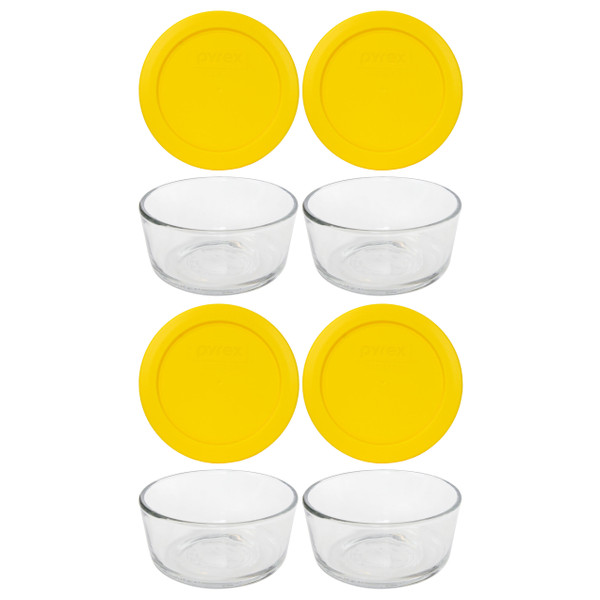 Pyrex Simply Store 7200 2-Cup Glass Storage Bowl and 7200-PC Meyer Lemon Yellow Plastic Lid (4-Pack)