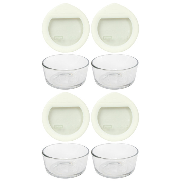 Pyrex 7200 2-Cup Clear Glass Storage Bowl w/ Pyrex OV-7200 Glass and White Silicone Lid (4-Pack)