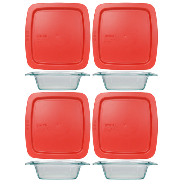 Pyrex (4) C-222 2qt Easy Grab Glass Baking Dishes & (4) C-222-PC Poppy Red Easy Grab Lids