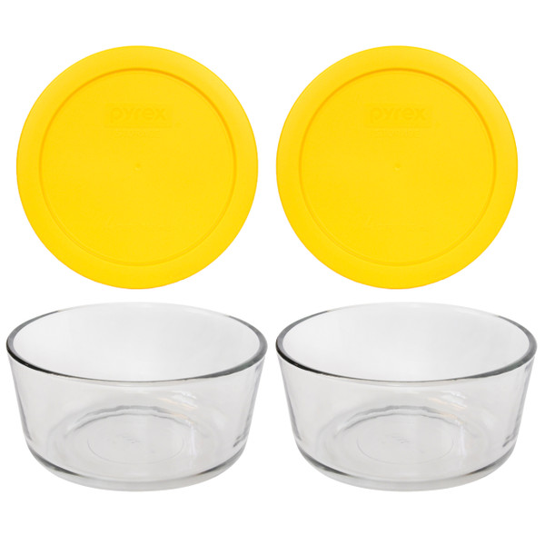 Pyrex (2) 7201 4-Cup Glass Bowls & (2) 7201-PC Meyer Lemon Yellow Plastic Lids