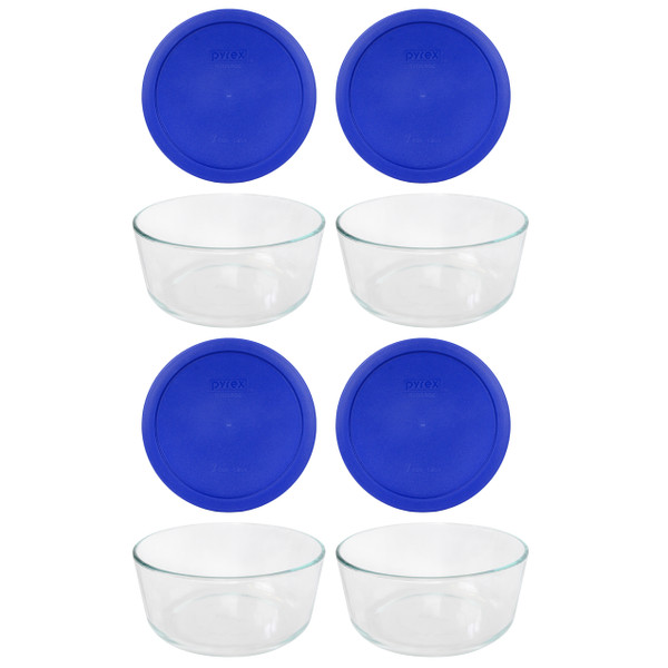 Pyrex (4) 7203 7-Cup Glass Bowls & (4) 7402-PC Cadet Blue Lids