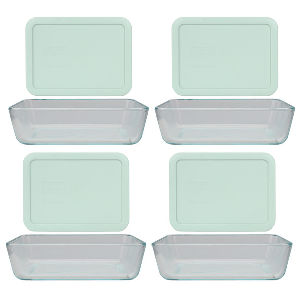 Pyrex (4) 7210 3-cup Glass Dishes & (4) 7210-PC Muddy Aqua Lids