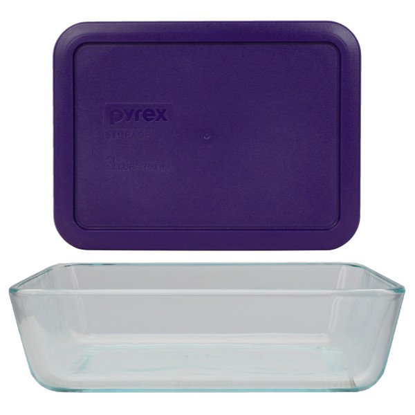 Pyrex (1) 7210 3-cup Glass Dish & (1) 7210-PC Plum Purple Lid