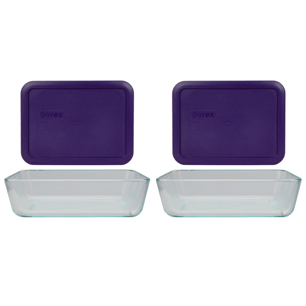 Pyrex (2) 7210 3-cup Glass Dishes & (2) 7210-PC Plum Purple Lids