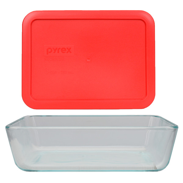 Pyrex (1) 7210 3-cup Glass Dish & (1) 7210-PC Red Lid