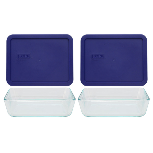 Pyrex 7211 6-Cup Glass Food Storage Dish and 7211-PC Navy Blue Plastic Lid (2-Pack)