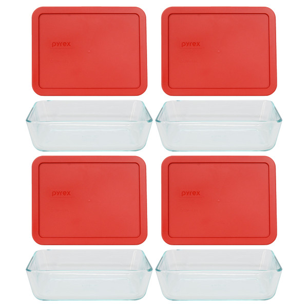 Pyrex 7211 6-Cup Glass Food Storage Dish and 7211-PC Poppy Red Plastic Lid (4-Pack)
