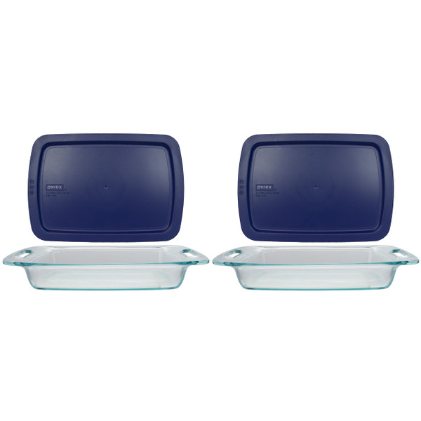 Pyrex (2) C-233 3qt Easy Grab Glass Baking Dishes & (2) C-233-PC 3qt Blue Easy Grab Lids