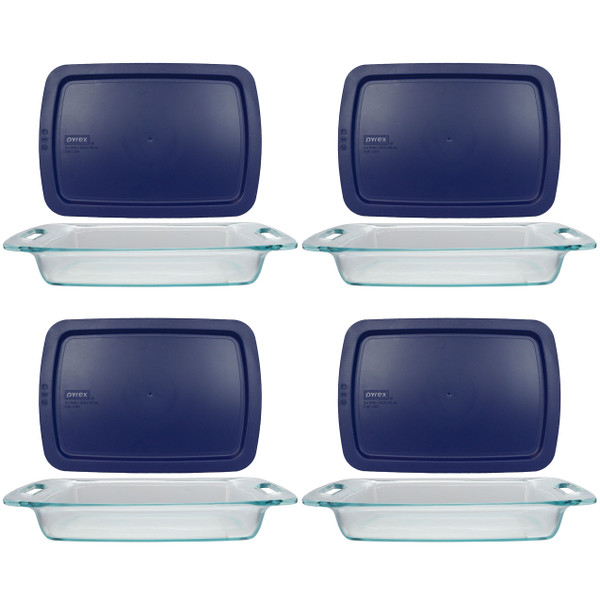 Pyrex (4) C-233 3qt Easy Grab Glass Baking Dishes & (4) C-233-PC 3qt Blue Easy Grab Lids