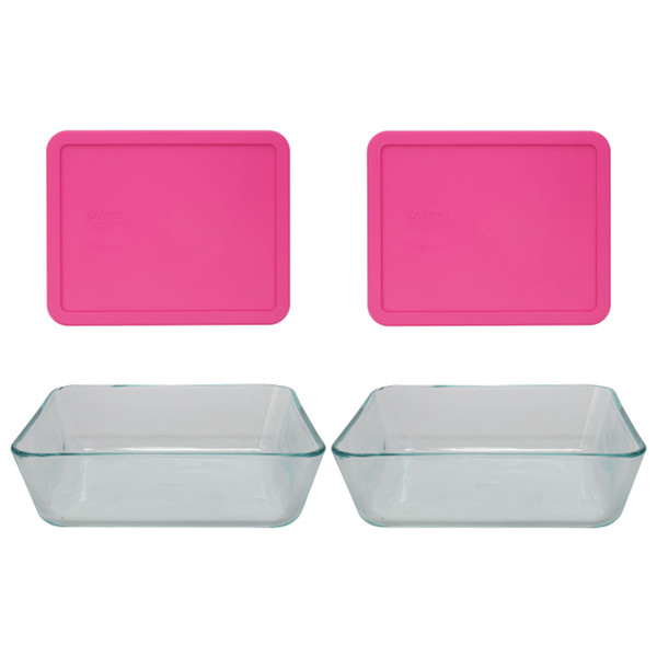 Pyrex 7212 11-Cup Glass Food Storage Dish and 7212-PC Berry Pink Lid Cover (2-Pack)