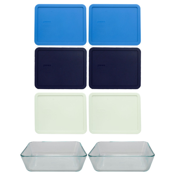 Pyrex (2) 7212 11 Cup Glass Dishes & (2) White Lids, (2) Blue Lids and (2) Marine Blue Lids