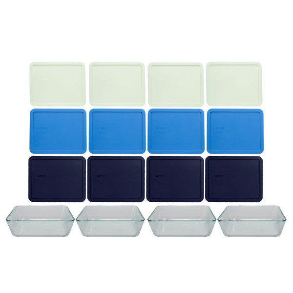 Pyrex (4) 7212 11-Cup Glass Dishes (4) 7212-PC White Lids, (4) 7212-PC Blue Lids and (4) 7212-PC Marine Blue Lids