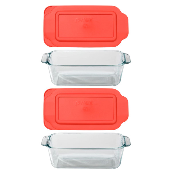 Pyrex 1105394 5300092 Basics 1.5 qt Glass Loaf Dish and 213-PC 1.5qt Red Lid (2-Pack)