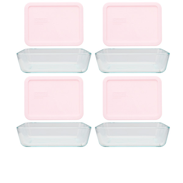 Pyrex (4) 7210 3-cup Glass Dishes & (4) 7210-PC Loring Pink Plastic Lids