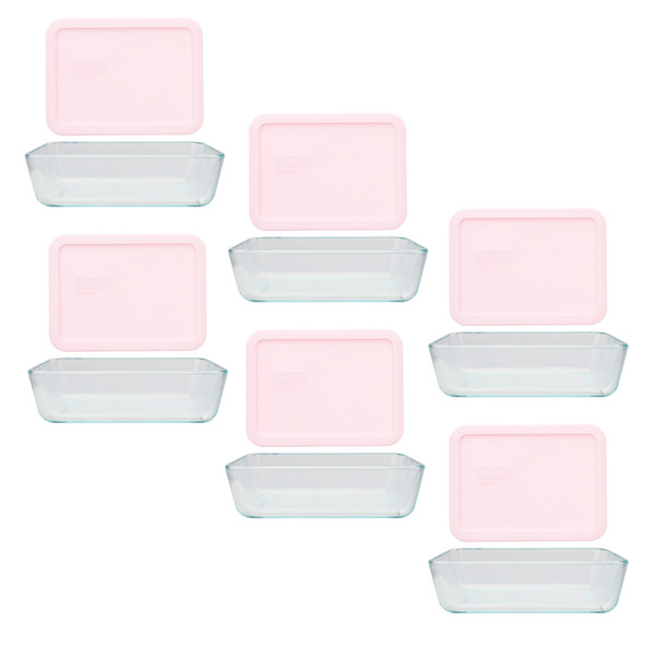 Pyrex (6) 7210 3-cup Glass Dishes & (6) 7210-PC Loring Pink Plastic Lids