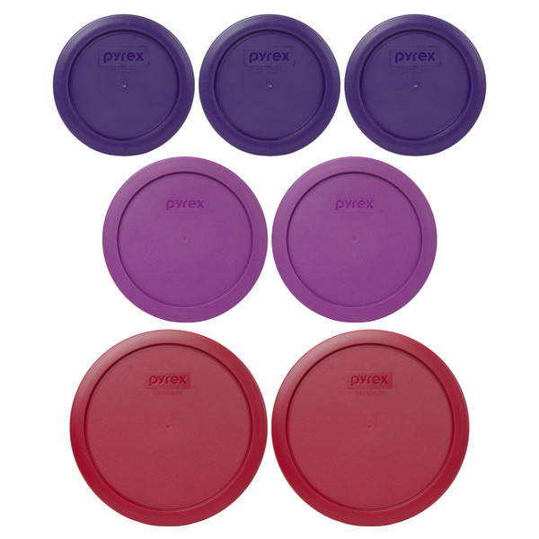 Pyrex (3) 7200-PC Plum Purple Lids, (2) 7201-PC Thistle Purple Lids, and (2) 7402-PC Sangria Red Lids