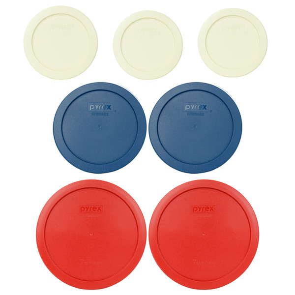 Pyrex (3) 7200-PC Sour Cream Lids, (2) 7201-PC Blue Spruce Lids, and (2) 7402-PC Poppy Red Lids