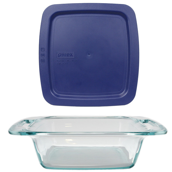 Pyrex C-222 2qt Easy Grab Glass Baking Dish & C-222-PC Blue Easy Grab Plastic Lid