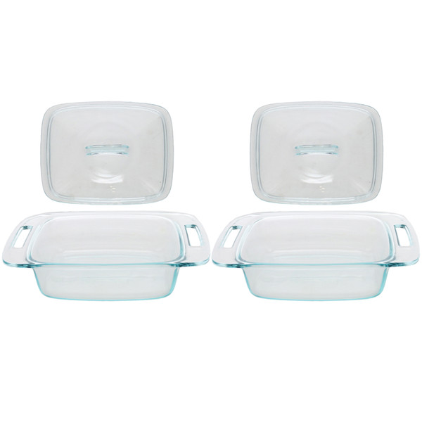 Pyrex (2) C-024 2qt/1.9L Easy Grab Glass Casserole Dishes & (2) C-624 2qt/1.9L Easy Grab Glass Casserole Lids