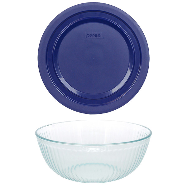 Pyrex (1) 7404 4.5qt Sculpted Glass Mixing Bowl & (1) 7404-PC 4.5qt Blue Lid Made In USA