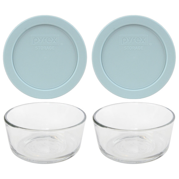 Pyrex Simply Store 7200 2-Cup Glass Storage Bowl w/ 7200-PC 2-Cup Muddy Aqua Lid Cover (2-Pack)