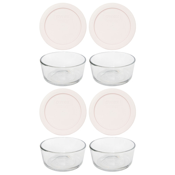 Pyrex Simply Store 7200 2-Cup Glass Storage Bowl with 7200-PC Nouveau Pink Lid Cover (4-Pack)
