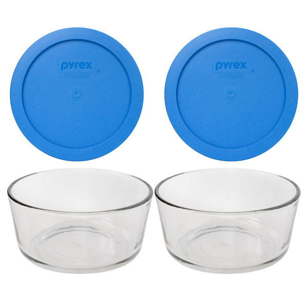 Pyrex 7201 4-Cup Round Glass Food Storage Bowl w/ 7201-PC Marine Blue Lid Cover (2-Pack)