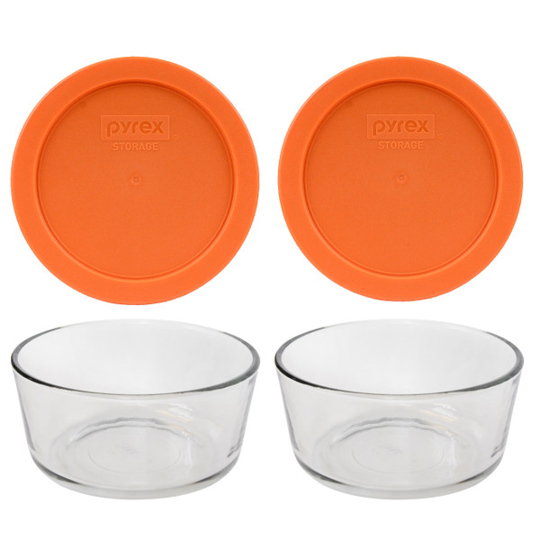 Pyrex 7201 4-Cup Round Glass Food Storage Bowl with 7201-PC Orange Plastic Lid Cover (2-Pack)