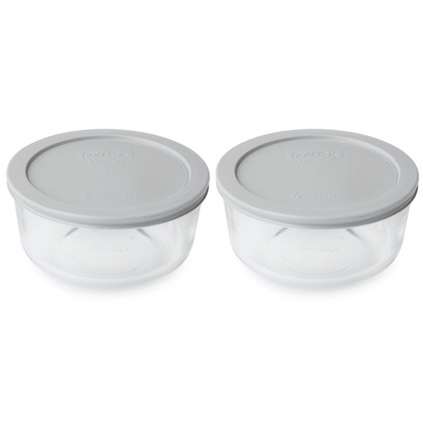 Pyrex 7201 4-Cup Round Glass Food Storage Bowl w/ 7201-PC Jet Gray Lid Cover (2-Pack)