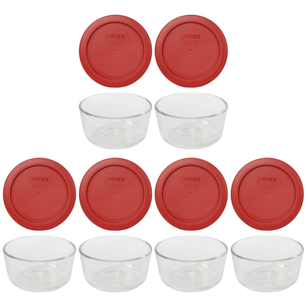 Pyrex 7202 1-Cup Glass Food Storage Bowls w/ Pyrex 7202-PC Poppy Red Lid Cover (6-Pack)