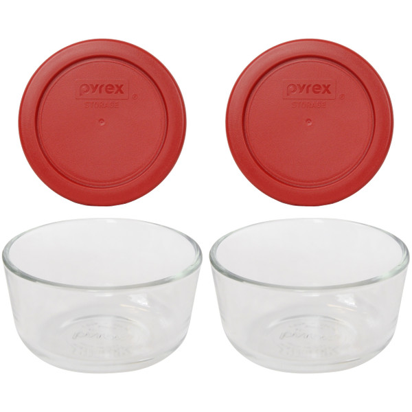 Pyrex 7202 1-Cup Glass Food Storage Bowls w/ Pyrex 7202-PC Poppy Red Lid Cover (2-Pack)