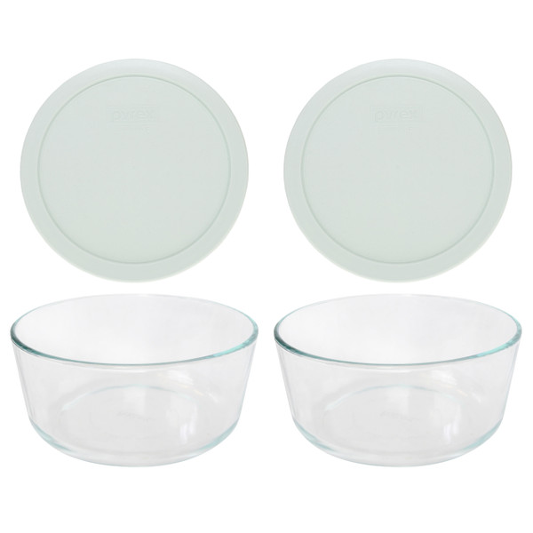 Pyrex 7203 7-Cup Round Glass Food Storage Bowl w/ 7402-PC Sage Green Plastic Lid Cover (2-Pack)