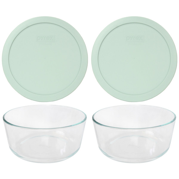 Pyrex 7203 7-Cup Round Glass Food Storage Bowl w/ 7402-PC Muddy Aqua Plastic Lid Cover (2-Pack)