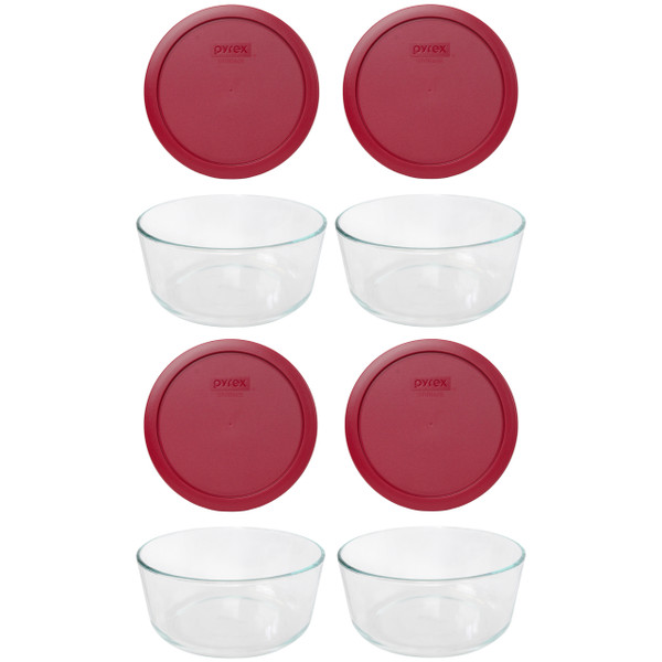 Pyrex 7203 7-Cup Round Glass Food Storage Bowl w/ 7402-PC Sangria Red Plastic Lid Cover (4-Pack)