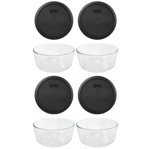 Pyrex 7203 7-Cup Round Glass Food Storage Bowl & 7402-PC Black Plastic Lid Cover (4-Pack)