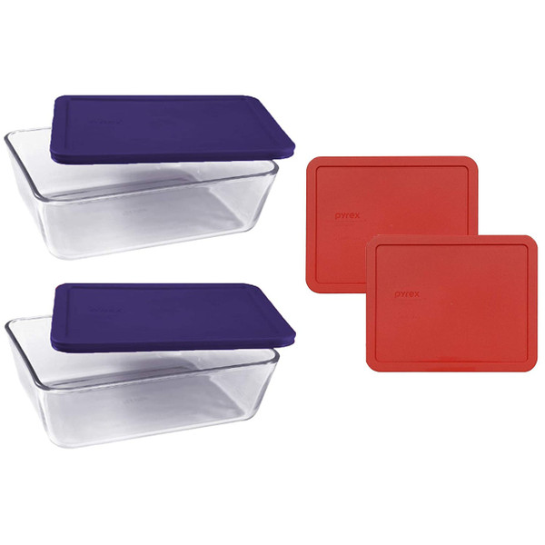 Pyrex (2) 7212 11-Cup Glass Dishes with 7212-PC (2) Dark Blue & (2) Red Lids