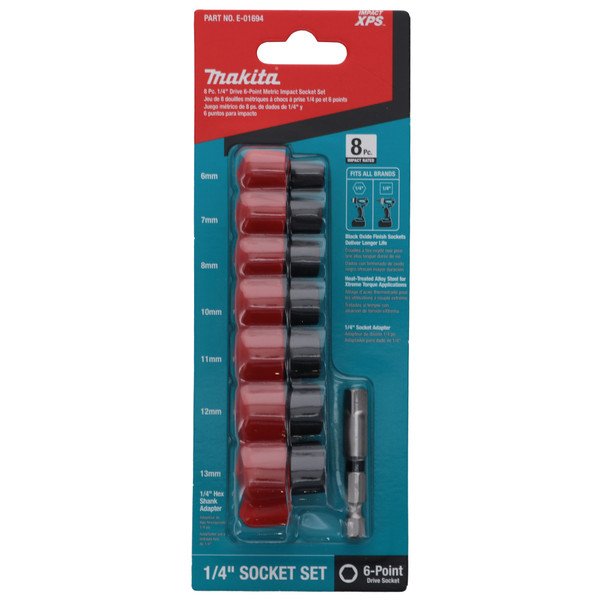 Makita E-01694 8 pc 1/4 in Drive Metric XPS 6-Point Impact Socket Set With Standard Socket Adapter