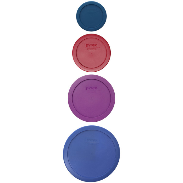 Pyrex 7202-PC Blue Spruce, 7200-PC Sangria Red, 7201-PC Thistle Purple, and 7402-PC Amparo Blue Plastic Lids