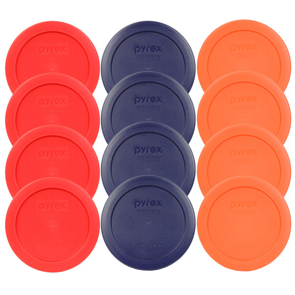 Pyrex 7200-PC 2 Cup (4) Dark Blue 1113764 & (4) Orange 1113762 & (4) Red 1113763 Lid (12-Pack) - Made in USA