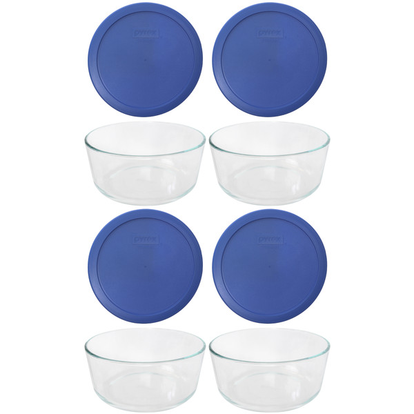 Pyrex (4) 7203 7-Cup Glass Bowl and (4) 7402-PC Amparo Blue Lid Storage Set (4-Pack)