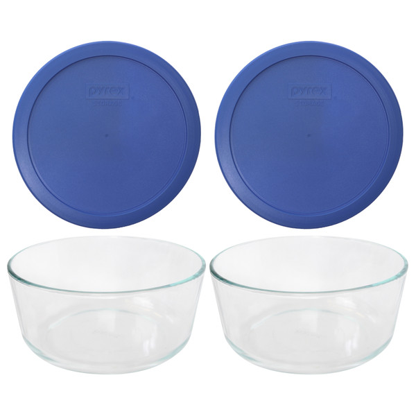 Pyrex (2) 7203 7-Cup Glass Bowl and (2) 7402-PC Amparo Blue Lid Storage Set (2-Pack)