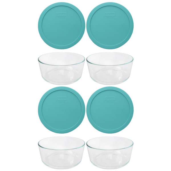 Pyrex (4) 7203 7-Cup Clear Glass Bowls & (4) 7402-PC Sea Glass Plastic Lids, Made in the USA
