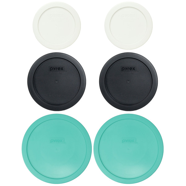 Pyrex (2) 7200-PC 2-Cup White Lid, (2) 7201-PC 4-Cup Black Lid, and (2) 7402-PC 7-Cup Light Green Lid