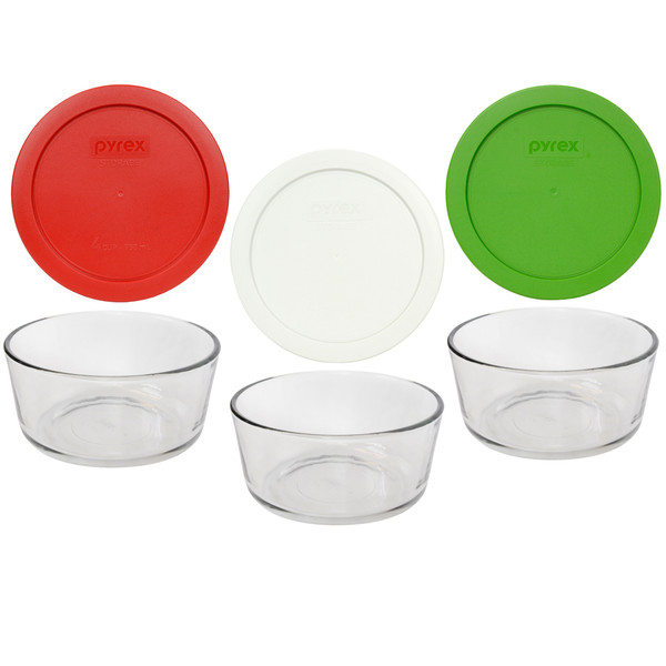 Pyrex (3) 7201 4-Cup Glass Bowls & Holiday Themed Red, White, & Green Lid