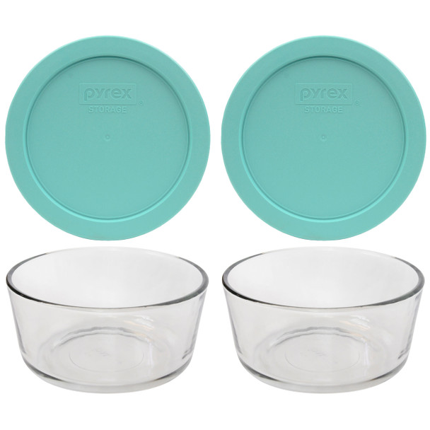 Pyrex 7201 4-Cup Round Glass Food Storage Bowl w/ 7201-PC Sun Bleached Turquoise Lid Cover (2-Pack)