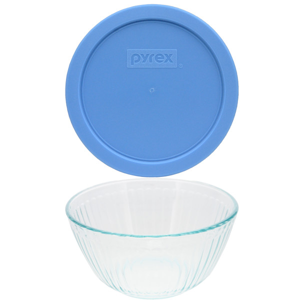 Pyrex (1) 7401 3-Cup Sculpted Glass Mixing Bowl & (1) 7401-PC Blue Cornflower Plastic Lid