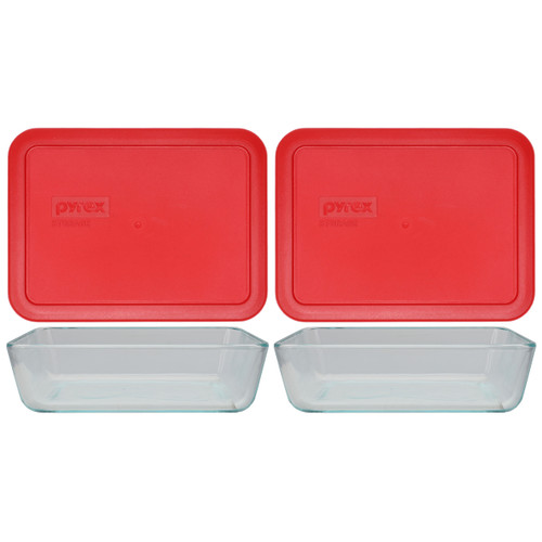 Pyrex 7210 3-Cup Rectangle Glass Food Storage Dish w/ 7210-PC 3-Cup Poppy Red Lid Cover (2-Pack)