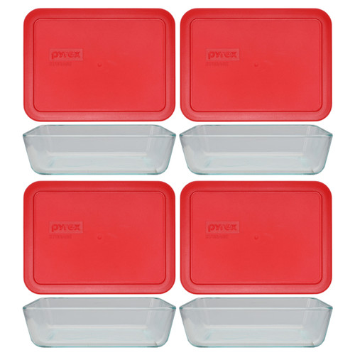 Pyrex 7210 3-Cup Rectangle Glass Food Storage Dish w/ 7210-PC 3-Cup Poppy Red Lid Cover (2-Pack)