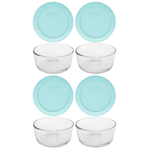 Pyrex 7202 2 Cup Clear Glass Bowl with 7202-PC Turquoise Plastic Lid, Made  in USA - 2 Pack Made in the USA